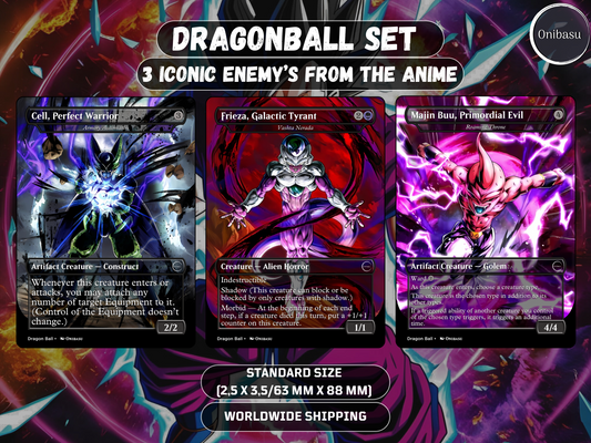 Wicked Villains MTG Proxy Card Set - 3 Dragonball Inspired Cards (Frieza, Cell, Kid Buu)